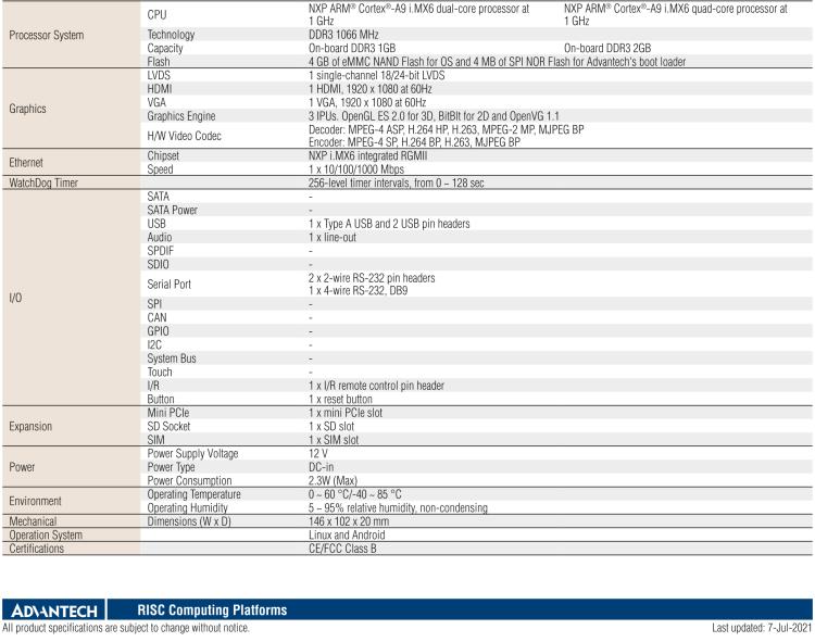 研華RSB-4410 基于NXP ARM Cortex-A9 i.MX6的3.5寸單板電腦