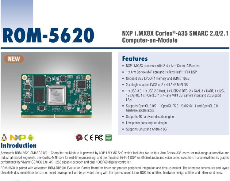 研華ROM-5620 基于NXP i.MX8X SMARC2.0 Arm核心板，多接口，低功耗設(shè)計(jì)