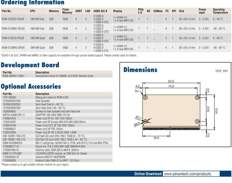 研華ROM-5720 基于NXP i.MX8M SMARC2.0 Arm核心板 ,支持4K顯示，豐富的I/O接口