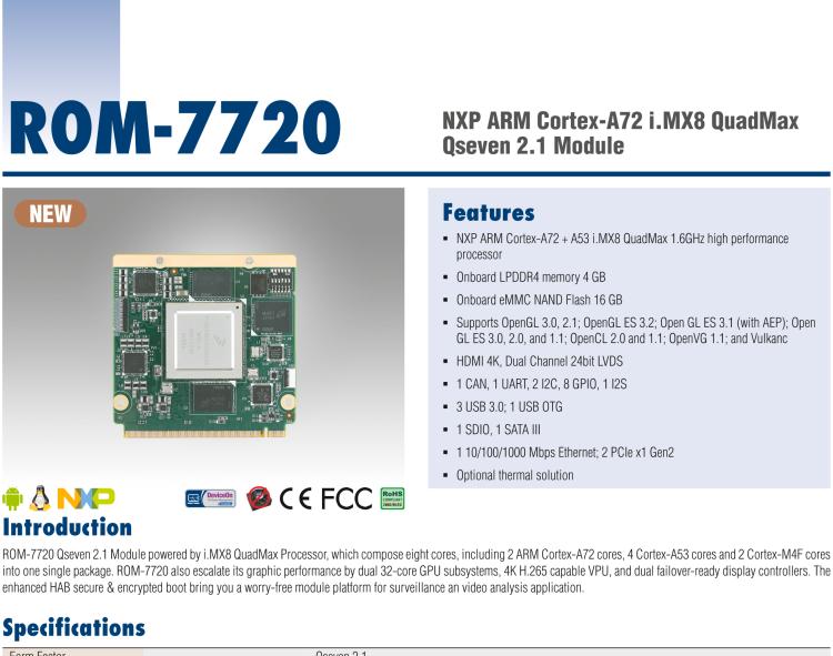 研華ROM-7720 基于NXP i.MX 8QM Qseven Arm核心模塊，多核異構(gòu)，具備優(yōu)異的計(jì)算及圖形顯示性能