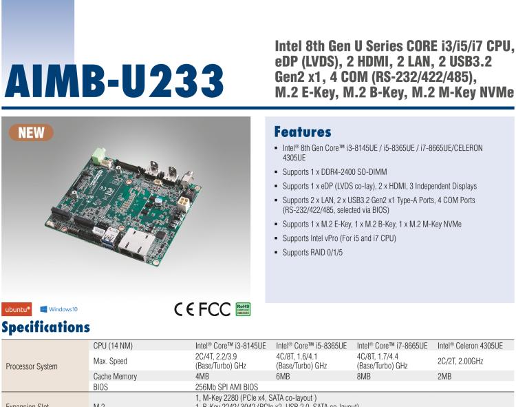 研華AIMB-U233 板載Intel 第8代 U系列 Core i3/i5/i7 處理器。低功耗高性能，無風扇設計。