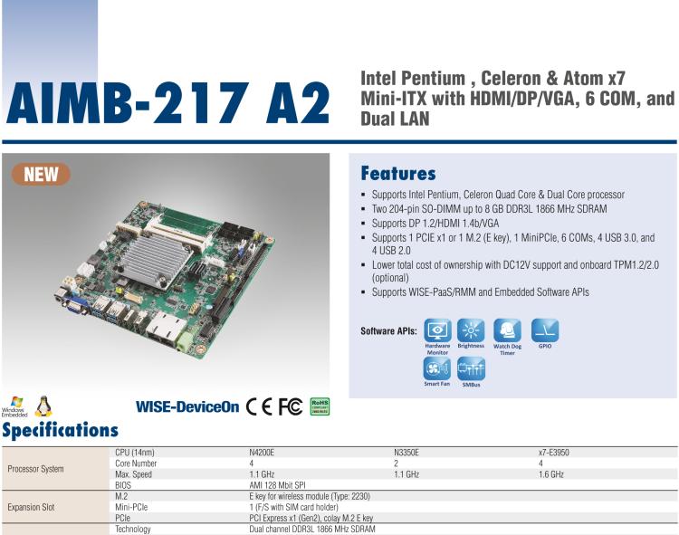 研華AIMB-217 板載Intel? 第6代 奔騰、賽揚(yáng)、凌動(dòng)系列處理器。擁有多COM和雙千兆網(wǎng)口，超薄緊湊，無(wú)風(fēng)扇設(shè)計(jì)，支持寬溫。