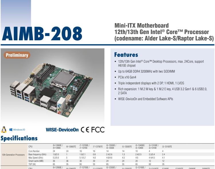 研華AIMB-208 適配Intel 第12/13代 Core i/奔騰系列處理器，搭載H110芯片組。高性價(jià)比，擁有豐富的擴(kuò)展接口，通用性強(qiáng)，穩(wěn)定可靠。