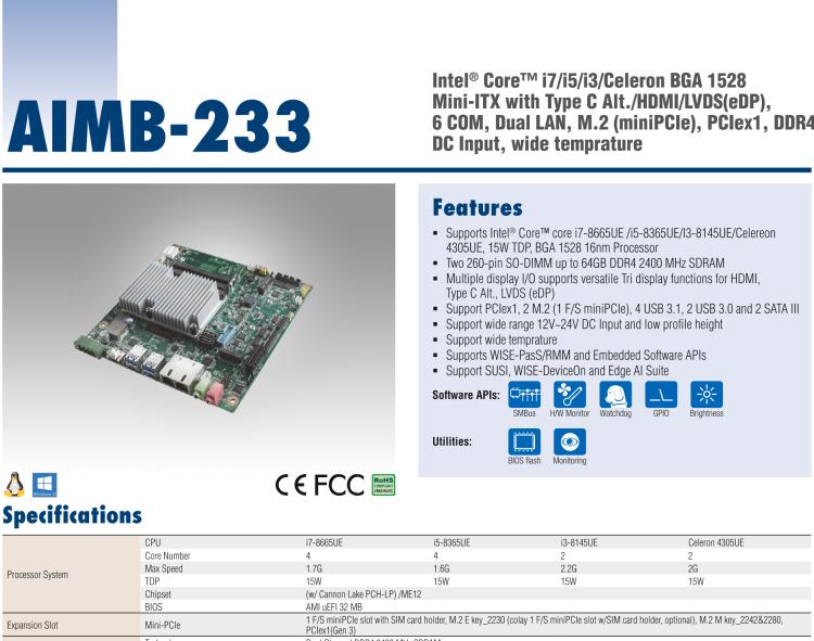 研華AIMB-233 板載Intel? 第8代 Core i 處理器。擁有Type C接口，滿(mǎn)足各類(lèi)擴(kuò)展需求。低功耗，超薄緊湊，無(wú)風(fēng)扇設(shè)計(jì)，支持寬溫寬壓，性能強(qiáng)勁。