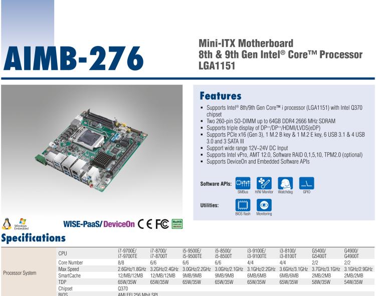研華AIMB-276 適配Intel 第8/9代 Core?i7/i5/i3 處理器，搭載Q370芯片組。超高性能，是邊緣計(jì)算、AI視頻檢測等理想解決方案。