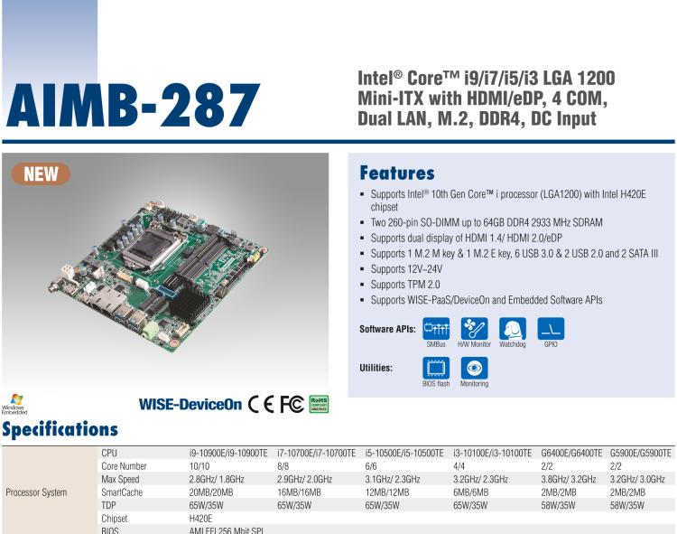 研華AIMB-287 適配Intel? 第10代 Core? i 系列處理器，搭載H420E芯片組。超薄設計，性能強勁。