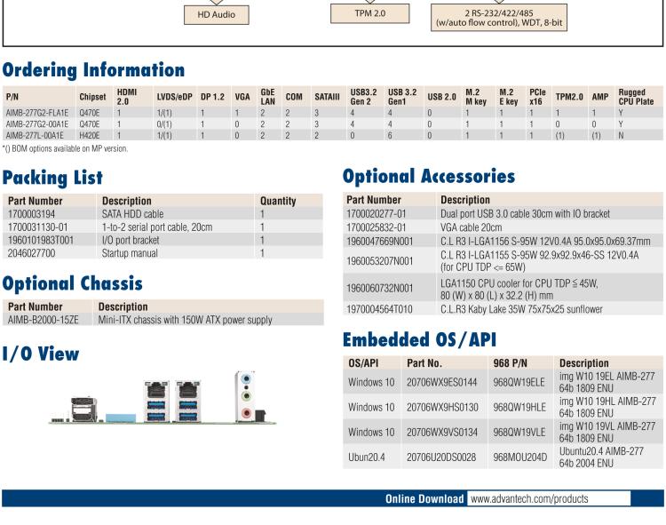 研華AIMB-277 適配Intel? 第10代 Core? i 系列處理器，搭載Q470E芯片組。性能強(qiáng)勁，適用于高端應(yīng)用領(lǐng)域。