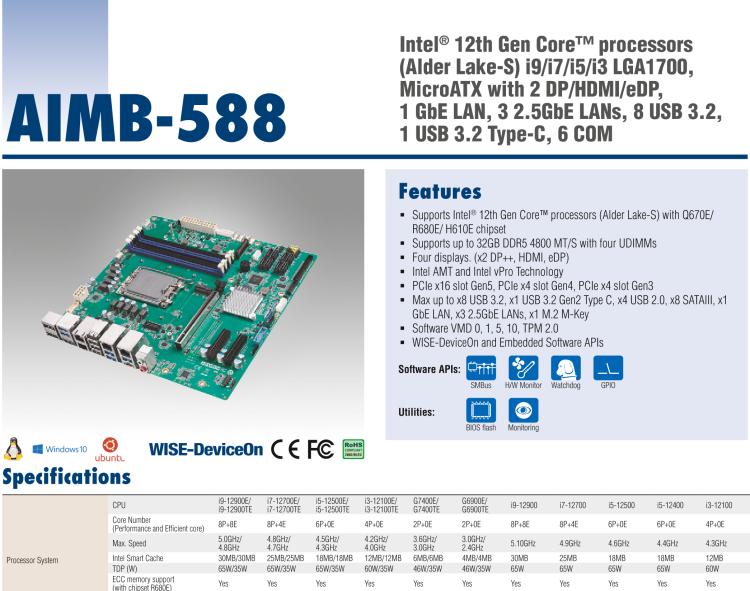 研華AIMB-588 適配Intel 第12代 Core i 系列處理器，搭載Q670E/ R680E/ H610E芯片組。高性能可達服務器級別高端產(chǎn)品，獨立四顯，專業(yè)的圖像處理能力，是理想的行業(yè)解決方案。