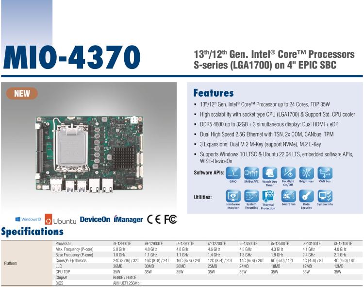 研華MIO-4370 基于第12代Intel Core處理器（Alder Lake-S系列，LGA1700 socket CPU）， 4" EPIC 單板電腦