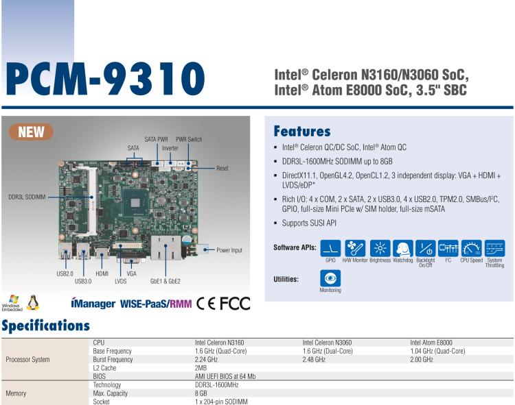 研華PCM-9310 英特爾第五代Atom?賽揚(yáng)N3160 / N3060 SoC，Intel?Atom E8000 SoC，3.5寸單板電腦，DDR3L，VGA，HDMI，48位LVDS，2GbE，Mini PCIe，mSATA，SUSI API