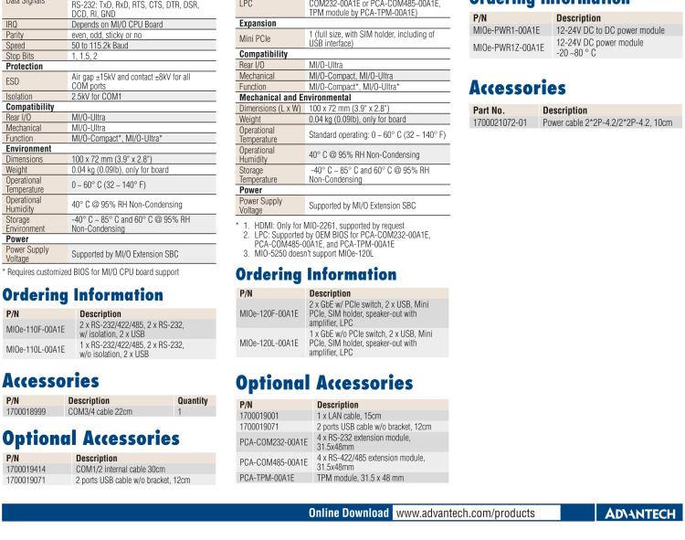 研華MIOE-110 2 x RS-232, 2 x RS-232/422/485 (帶5V/12V電源及隔離), 2USB 2.0，兼容2.5寸MIO單板
