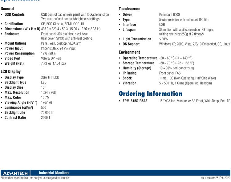 研華FPM-815S 15“英寸工業(yè)顯示器與電阻觸摸控制，直接VGA, DP端口，和304不銹鋼前面板