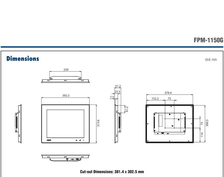 研華FPM-1150G 15”XGA液晶顯示屏工業(yè)顯示器，搭配電阻式觸摸屏及VGA / HDMI接口