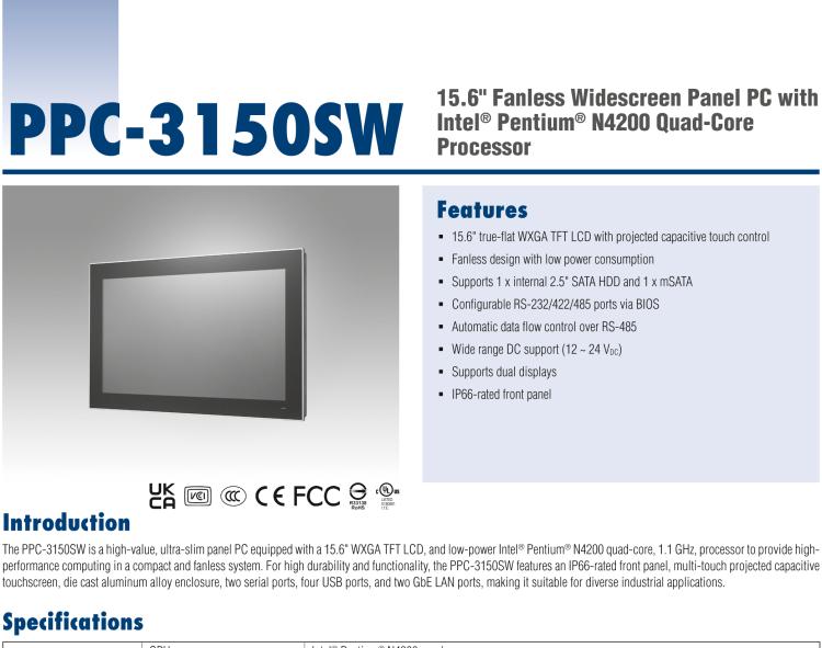 研華PPC-3150SW 15.6" 寬屏無風(fēng)扇工業(yè)平板電腦，搭載 Intel? Pentium? N4200 四核心處理器