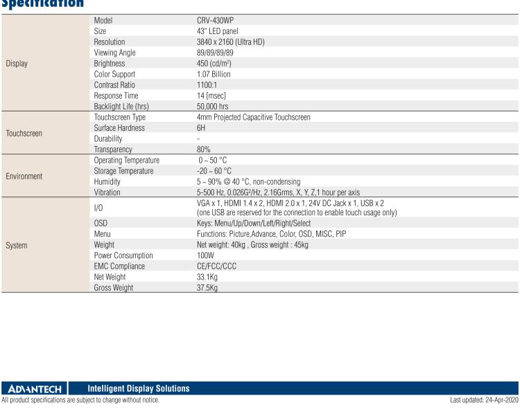 研華CRV-430WP 研華CRV-430WP曲面顯示屏，43“寬屏，并配備工業(yè)級視頻卡和電源，可支持標(biāo)準(zhǔn)視頻輸出，如HDMI、DisplayPort和VGA，并支持10點(diǎn)觸控。