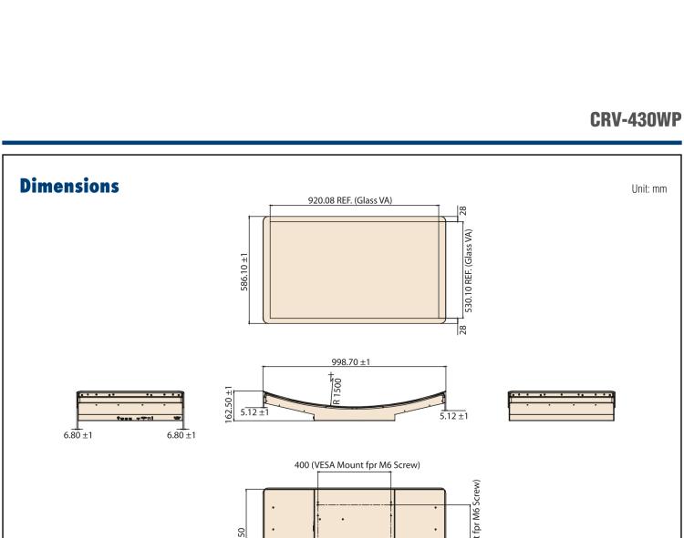 研華CRV-430WP 研華CRV-430WP曲面顯示屏，43“寬屏，并配備工業(yè)級視頻卡和電源，可支持標(biāo)準(zhǔn)視頻輸出，如HDMI、DisplayPort和VGA，并支持10點(diǎn)觸控。