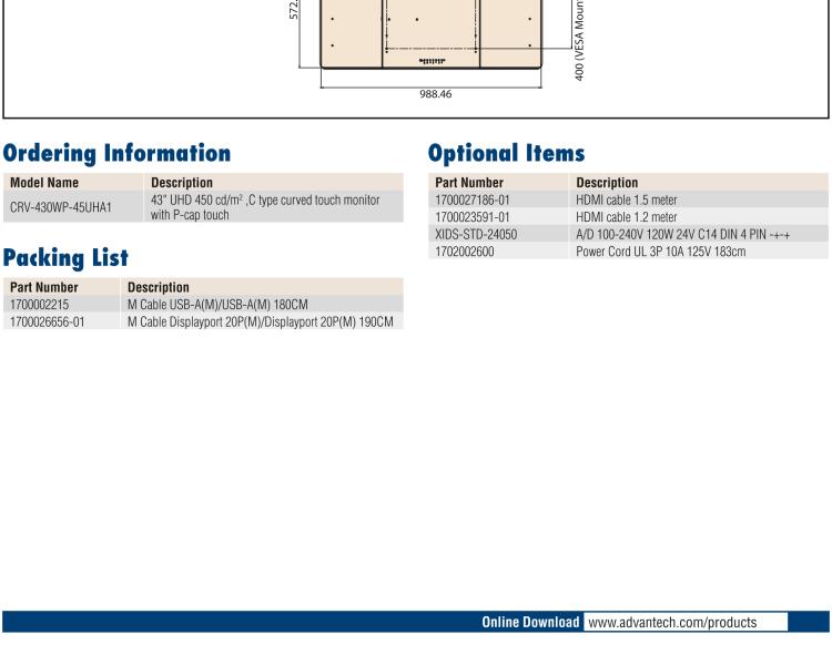 研華CRV-430WP 研華CRV-430WP曲面顯示屏，43“寬屏，并配備工業(yè)級視頻卡和電源，可支持標(biāo)準(zhǔn)視頻輸出，如HDMI、DisplayPort和VGA，并支持10點(diǎn)觸控。