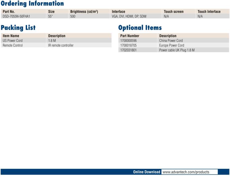 研華DSD-7055 55" 全高清廣告牌顯示器，500尼特亮度，帶SDM插槽