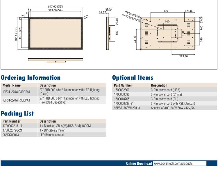 研華IDP31-270W 27" 玻璃面板觸控顯示器，帶環(huán)繞式LED燈帶，全高清分辨率，多輸入源VGA/DVI/DP