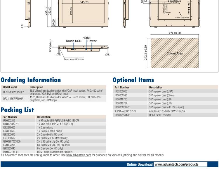研華IDP31-156W 15.6英寸100％工業(yè)級純平觸摸顯示器。超薄外形，圓滑的光角和堅固的玻璃面板，完全具有現(xiàn)代感。
