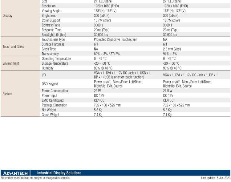 研華IDS-3127W 27 " 全高清1920 x 1080 分辨率，VGA/DVI/DP接口，開放式框架觸摸顯示器