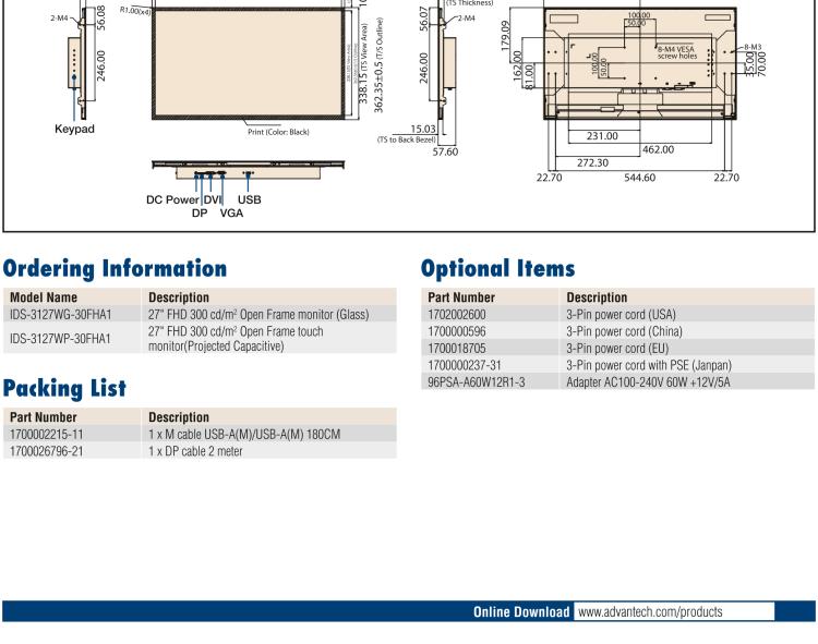 研華IDS-3127W 27 " 全高清1920 x 1080 分辨率，VGA/DVI/DP接口，開放式框架觸摸顯示器