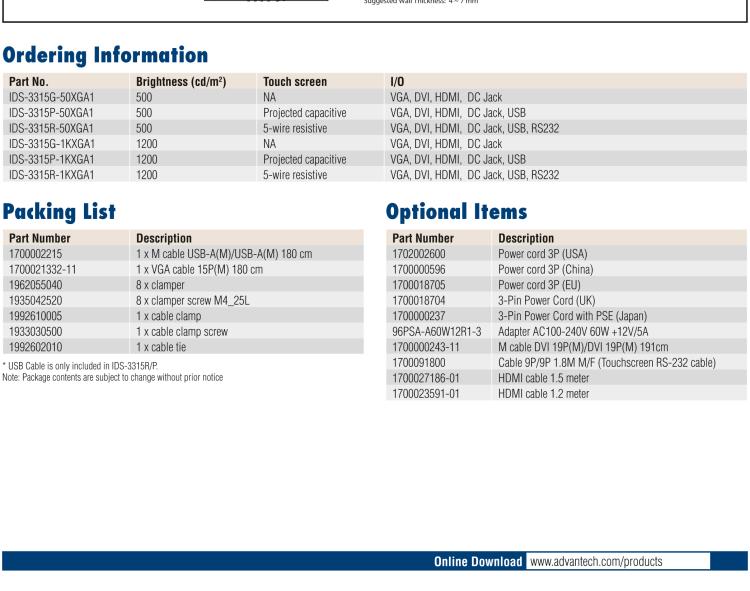 研華IDS-3315 15" 1024 x 768, VGA/DVI/HDMI 接口，采用 IP65 前面板的顯示器