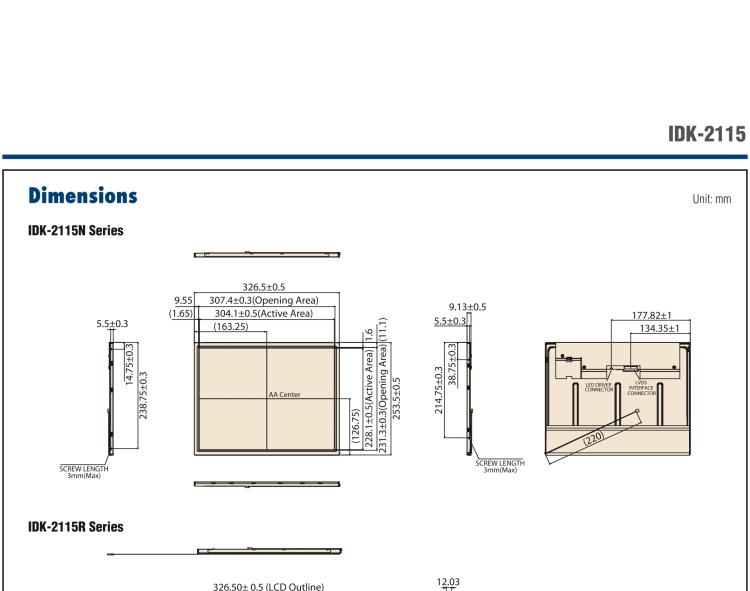 研華IDK-2115 15" SVGA 1200cd/m2 超高亮度工業(yè)顯示套件，帶 LED 背光燈、LVDS 接口