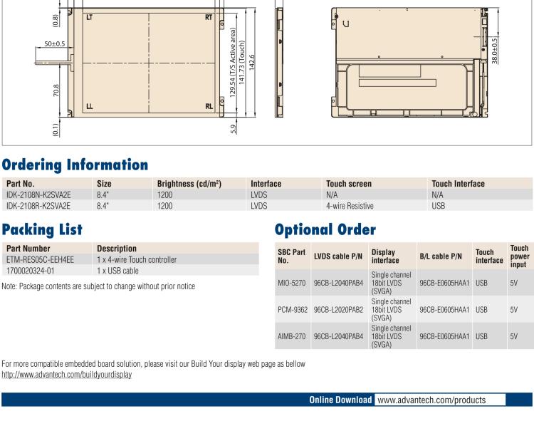 研華IDK-2108 8.4” SVGA 1200cd/m2 超高亮度工業(yè)顯示套件，帶 LED 背光燈、LVDS 接口