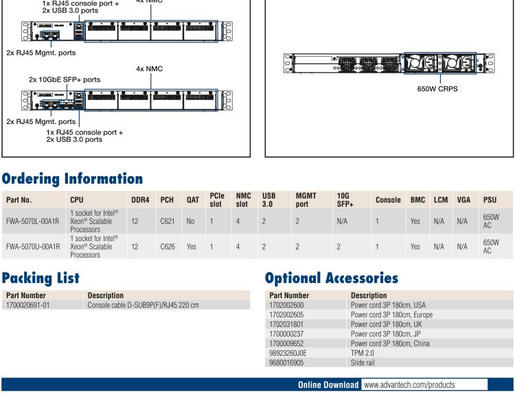 研華FWA-5070 基于Intel?Xeon?處理器可擴(kuò)展系列1U機(jī)架式網(wǎng)絡(luò)應(yīng)用平臺，最高支持4個(gè)NMC插槽