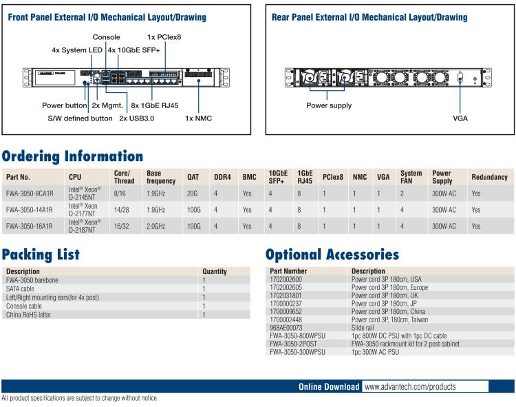 研華FWA-3050 基于Intel?Xeon D-2100系列處理器，用于uCPE和下一代防火墻的遠(yuǎn)程可管理1U網(wǎng)絡(luò)應(yīng)用平臺