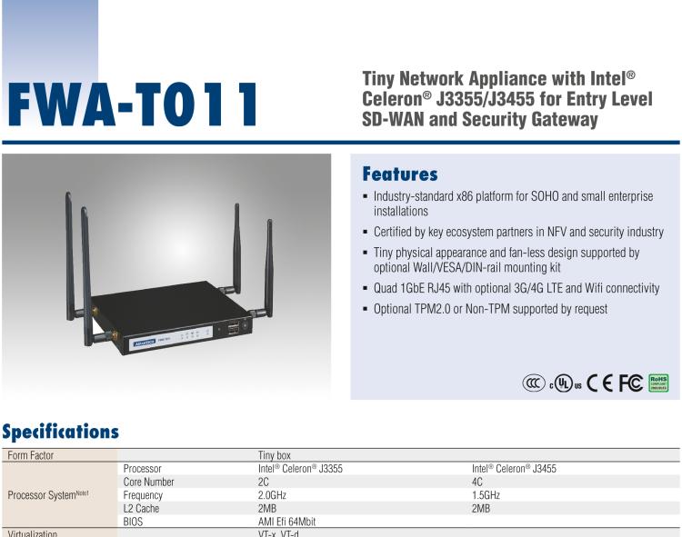 研華FWA-T011 基于Intel? Celeron? N3350/J3455 入門級SD-WAN，安全網(wǎng)關(guān)微型網(wǎng)絡(luò)應(yīng)用平臺