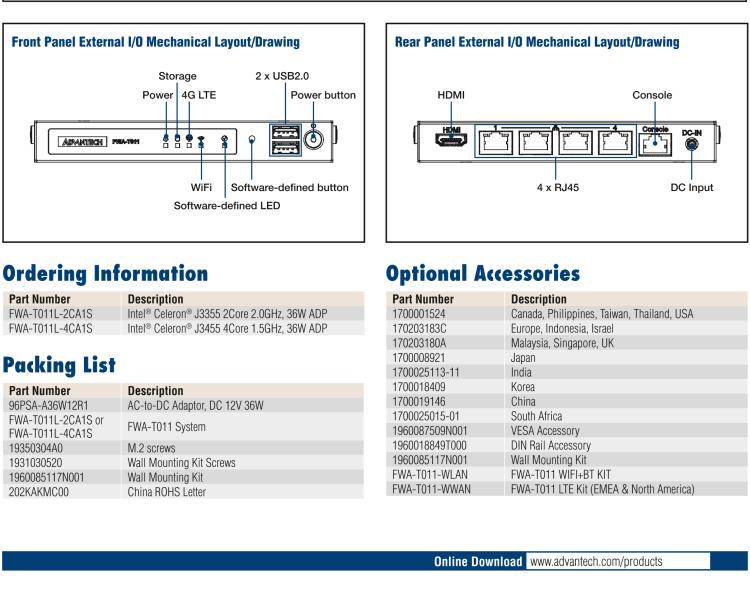 研華FWA-T011 基于Intel? Celeron? N3350/J3455 入門級SD-WAN，安全網(wǎng)關(guān)微型網(wǎng)絡(luò)應(yīng)用平臺