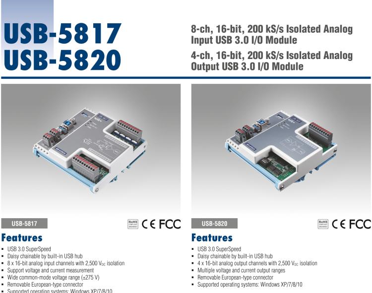 研華USB-5820 4通道，16位，200 kS / s隔離模擬輸出USB 3.0 I/O模塊