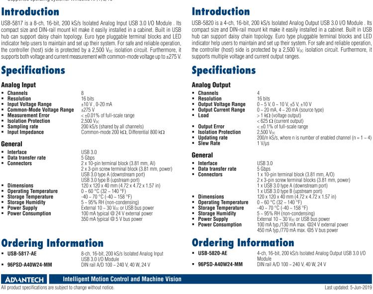 研華USB-5820 4通道，16位，200 kS / s隔離模擬輸出USB 3.0 I/O模塊