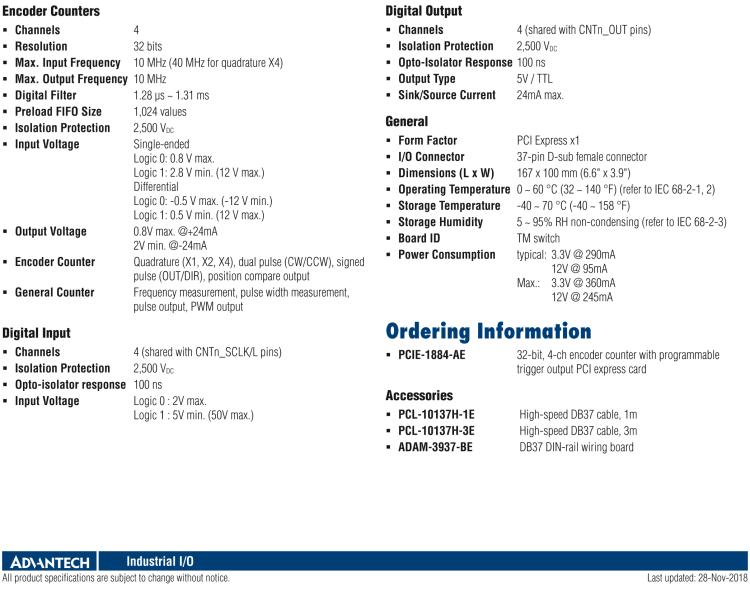 研華PCIE-1884 32 位、4 通道編碼器/計數(shù)器，帶預(yù)加載位置比較 FIFO PCIE 卡