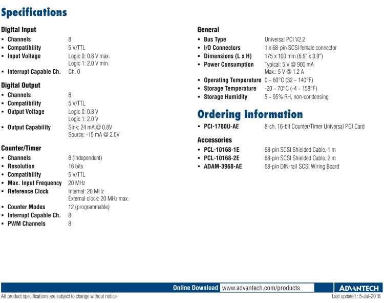 研華PCI-1780U 8通道計數(shù)/計時卡，支持TTL DIO