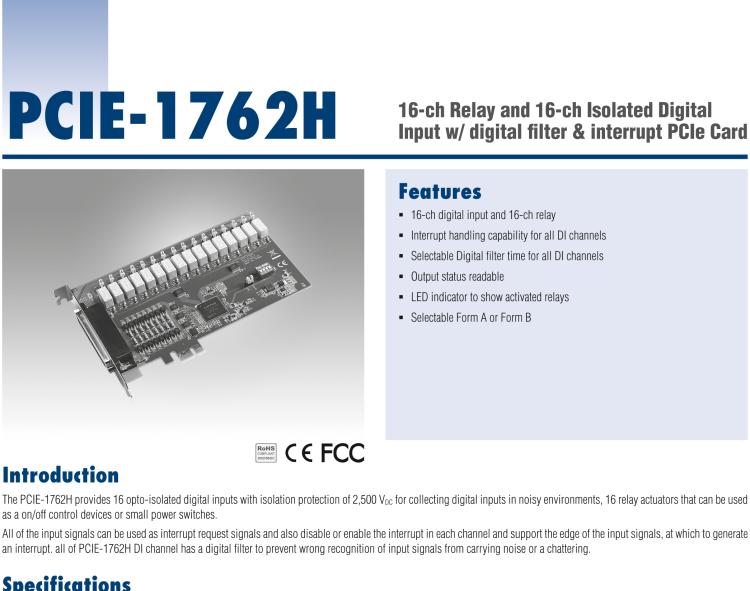 研華PCIE-1762H 16 通道繼電器和 16 通道隔離數(shù)字輸入，帶數(shù)字濾波器和中斷 PCIe 卡