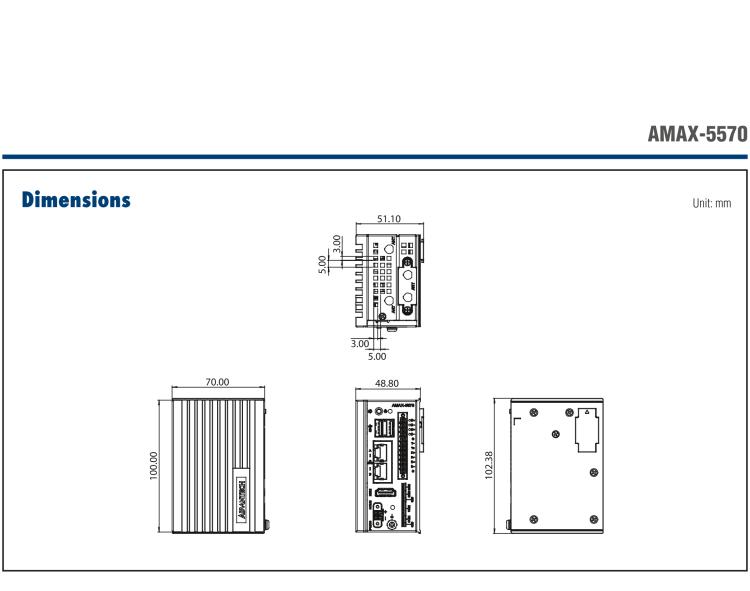 研華AMAX-5570 超微型控制平臺，采用Intel Atom處理器、64GB eMMC、2 個以太網(wǎng)口、2 個 USB、2 個 CAN、2 個 COM 和插片 IO 擴展
