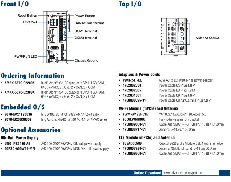 研華AMAX-5570 超微型控制平臺，采用Intel Atom處理器、64GB eMMC、2 個以太網(wǎng)口、2 個 USB、2 個 CAN、2 個 COM 和插片 IO 擴展
