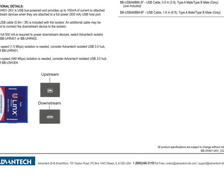 研華BB-UH401-2KV USB 2.0 2 kV隔離器，1端口，12 Mbps全速