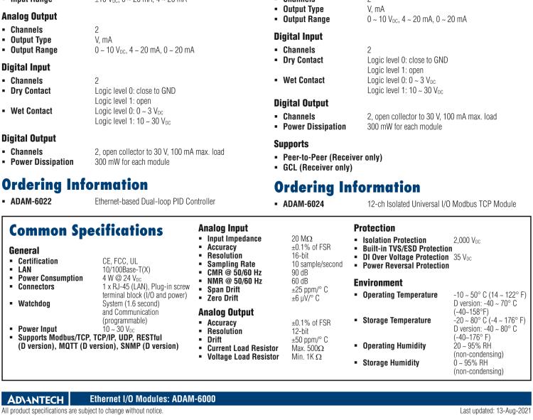 研華ADAM-6024 12通道隔離通用TCP模塊，支持輸入/輸出Modbus協(xié)議
