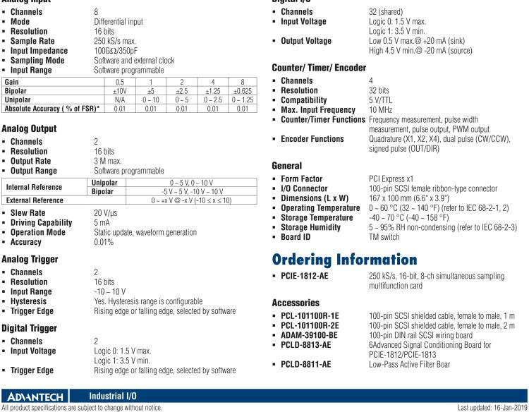 研華PCIE-1812 250 kS / s，16位，8通道同時(shí)采樣多功能PCI Express DAQ卡