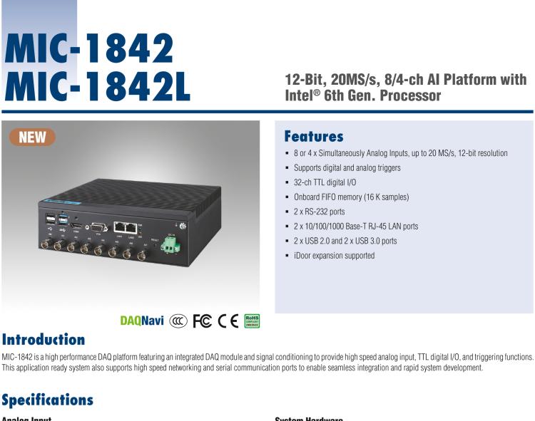 研華MIC-1842 12 位、20MS/s、8/4 通道 AI 平臺，采用英特爾?酷睿? i5/賽揚(yáng)?處理器