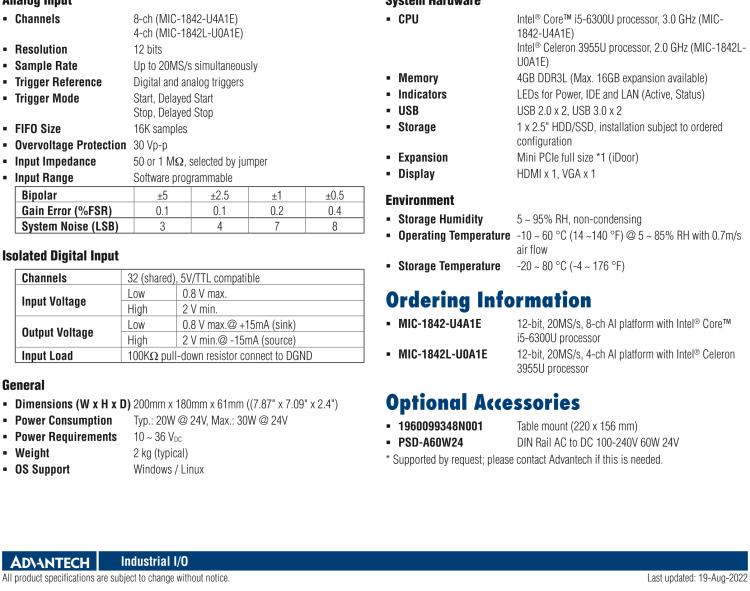 研華MIC-1842 12 位、20MS/s、8/4 通道 AI 平臺，采用英特爾?酷睿? i5/賽揚(yáng)?處理器