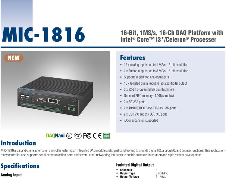 研華MIC-1816 具有Core?i3 /Celeron?處理器的16位，1 MS / s，16通道DAQ平臺