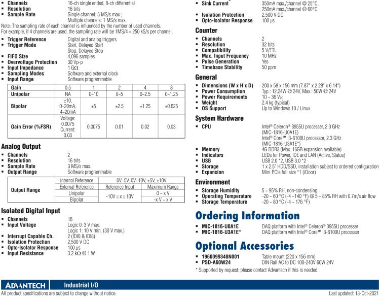 研華MIC-1816 具有Core?i3 /Celeron?處理器的16位，1 MS / s，16通道DAQ平臺