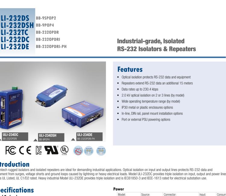 研華BB-9SPOP2 ULI-232DS 9針RS-232隔離器，DB9公頭至DB9母頭，端口供電