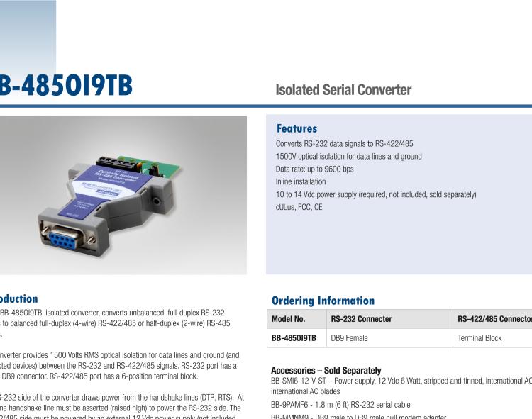 研華BB-485OI9TB 串口轉(zhuǎn)換器，RS-233 DB9母頭至RS-422/485 TB