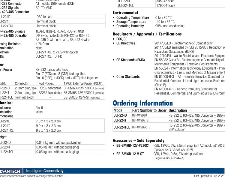研華BB-4WSD9OTB ULI-224TCL RS-232（DB9母頭）至隔離式RS-422/485（接線端子）轉(zhuǎn)換器